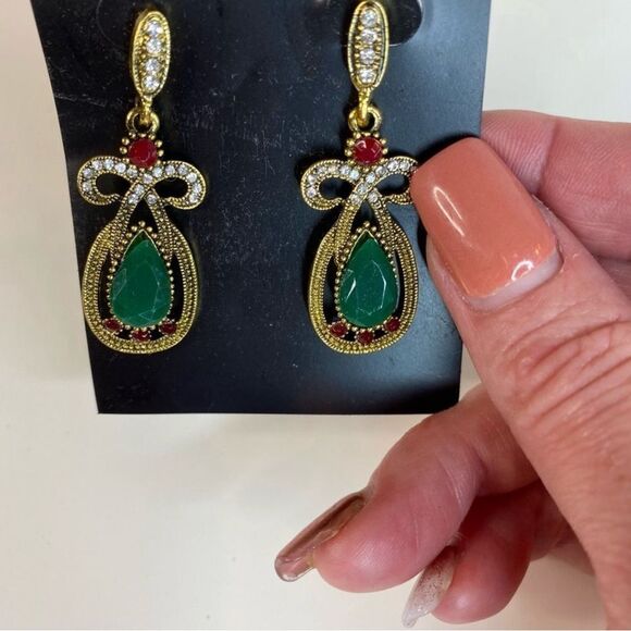 Vintage Emerald Ruby Diamond Drop Earrings - Picture 3 of 5